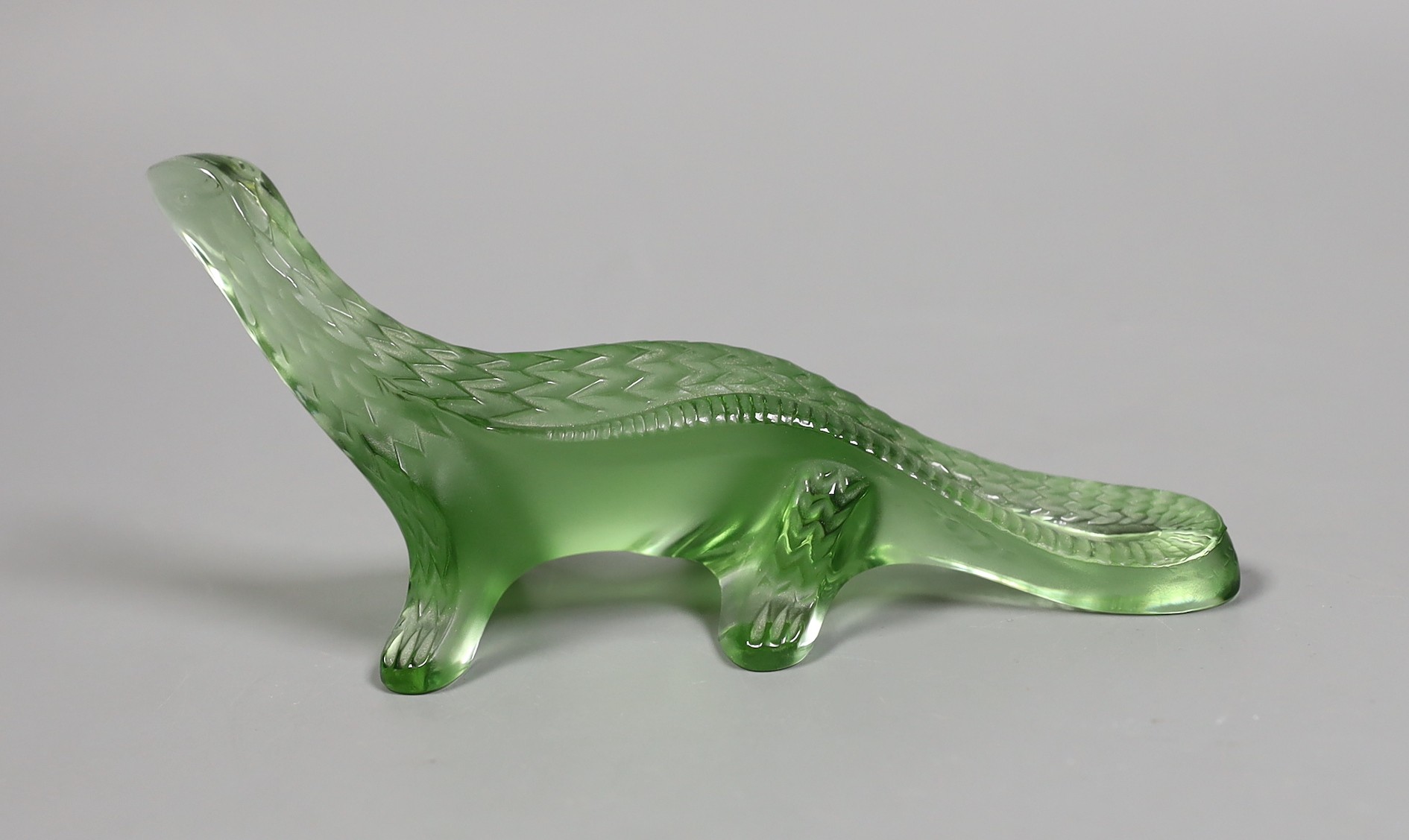 A Lalique green glass salamander, 18cm long
